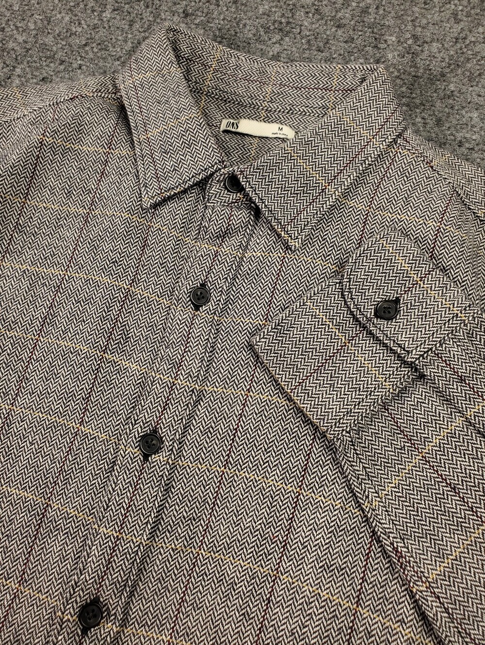 ONS Herringbone Flannel Shirt Medium Sample Windowpane Grid Plaid Button Up Gray